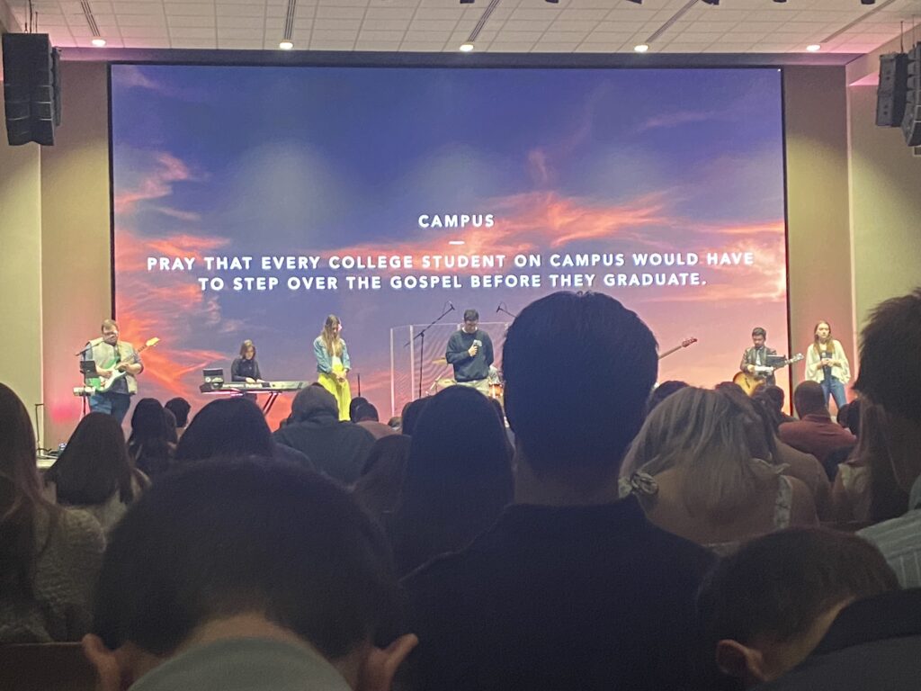 Worship service at church plant focused on reaching college students