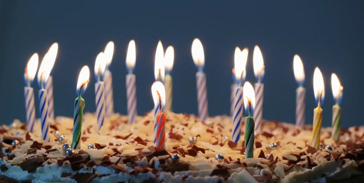 Colorful candles lit on a birthday cake